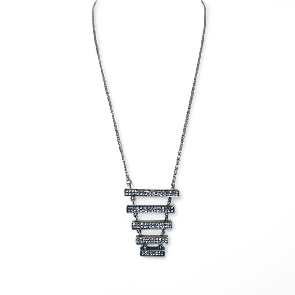 Mark by Avon Statement Necklace Silvertone Rhinestone Stacked Geometric Pendant - Picture 6 of 8